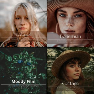 May include: A collage of four images, each featuring a different aesthetic. The top left image is labeled "Natural", the top right "Bohemian", the bottom left "Moody Film", and the bottom right "Cottage". Each image includes text about professional presets for mobile and desktop use.