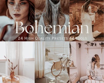 May include: A collage of images with a bohemian theme. The images include a woman wearing a hat, a bride in a white dress, a vase with dried plants, a bicycle, and a woman with a camera. Text reads "Bohemian" and "24 High Quality Presets 14 Tools."