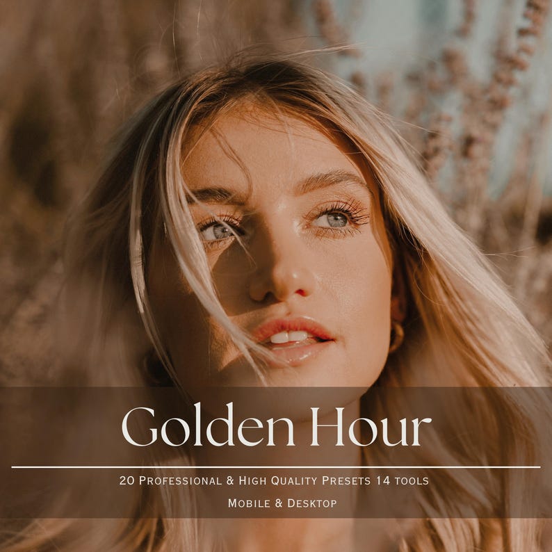 May include: A portrait of a woman with blonde hair and blue eyes. The image has a warm, golden hue. Text on the image reads "Golden Hour" with details about presets and tools for mobile and desktop use.