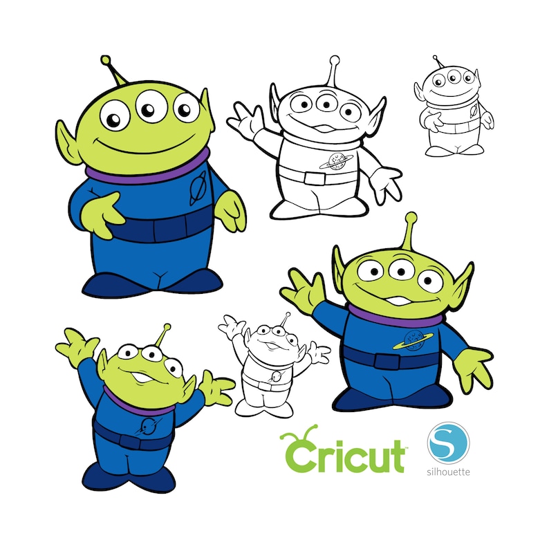 May include: Five different versions of a green alien character with three eyes, wearing a blue spacesuit with a purple collar and a planet design on the chest. The alien is from the Toy Story movie franchise.