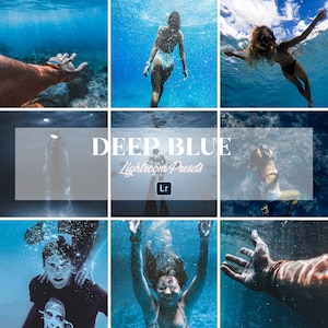 Könnte beinhalten: Eine Sammlung von Lightroom-Presets namens "Deep Blue" mit einem blauen und weißen Farbschema. Die Presets wurden entwickelt, um Unterwasserfotos zu verbessern.