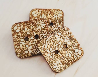 Laser-Engraved Flower Garden Buttons – Crafting Projects (Set of 20)
