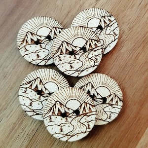 Mountain Scape Buttons Set of 20 - Wooden - Laser Engraved Buttons - 1 or 1.25 inch  - Knitting Projects - Crochet Projects -Sewing Projects