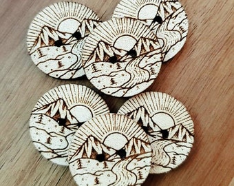 Mountain Scape Buttons Set of 20 - Wooden - Laser Engraved Buttons - 1 or 1.25 inch  - Knitting Projects - Crochet Projects -Sewing Projects