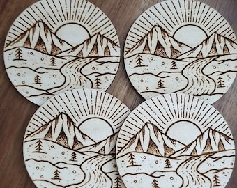 Mountainscape - Nature Coaster - Laser Engraved Wooden Coasters - 4 x 4  Inch  - Home Decor - Set of 4 -