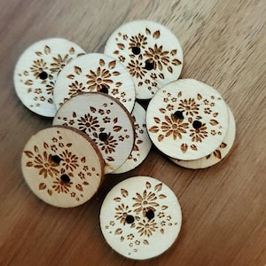Wooden Flower Buttons Set of 20 - Laser Engraved Buttons -  1 or 1.25 inch  - Knitting Projects - Crochet Projects -Sewing Projects