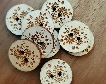 Wooden Flower Buttons Set of 20 - Laser Engraved Buttons -  1 or 1.25 inch  - Knitting Projects - Crochet Projects -Sewing Projects