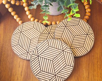 Wooden Geometric Coaster Set Gift for House Rustic Decor New Home Accent Natural Birch  Table Set Minimalist Style Home Accent Wedding