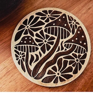 Wooden Mushroom Coaster Set Natural Birch Wood Collection Rustic Home Decor Accent Piece Boho Style Table Protection Floral Design Pattern Farmhouse Wedding Gift Perfect Housewarming Present Handcrafted Decorative Accent Beautiful Nature
