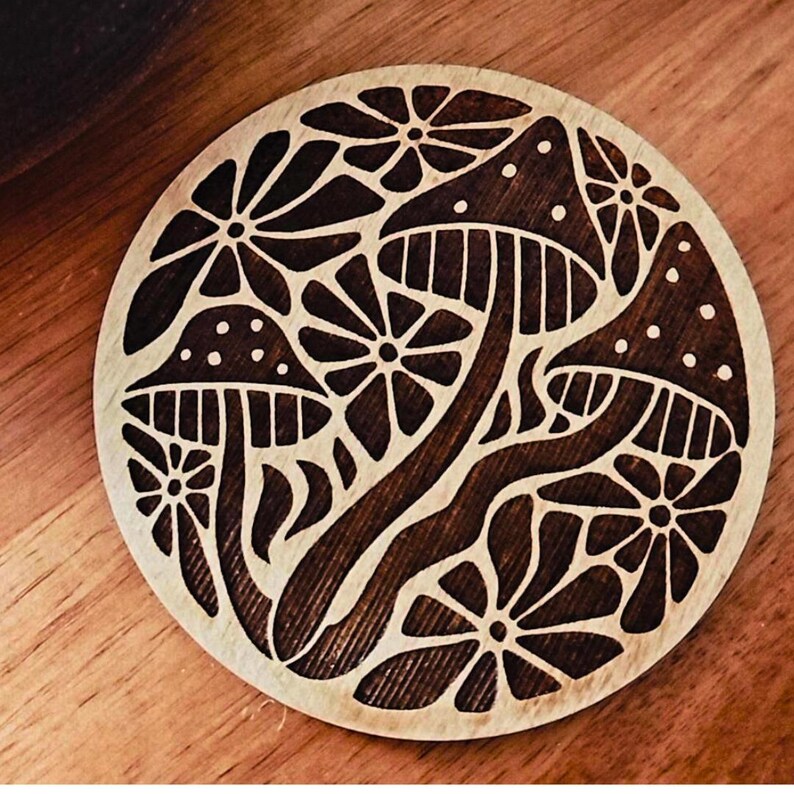 Wooden Mushroom Coaster Set Natural Birch Wood Collection Rustic Home Decor Accent Piece Boho Style Table Protection Floral Design Pattern Farmhouse Wedding Gift Perfect Housewarming Present Handcrafted Decorative Accent Beautiful Nature