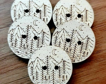 Mountain Scape Buttons2  Set of 20 - Laser Engraved Wooden Buttons - 1 or 1.25 inch  - Knitting Crochet Sewing Projects