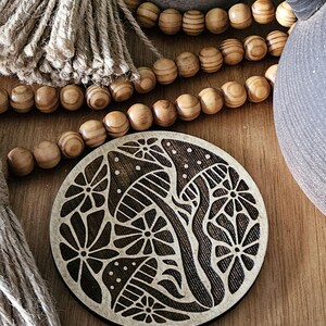 Wooden Mushroom Coaster Set Natural Birch Wood Collection Rustic Home Decor Accent Piece Boho Style Table Protection Floral Design Pattern Farmhouse Wedding Gift Perfect Housewarming Present Handcrafted Decorative Accent Beautiful Nature