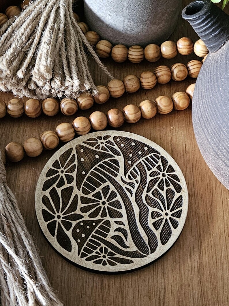 Wooden Mushroom Coaster Set Natural Birch Wood Collection Rustic Home Decor Accent Piece Boho Style Table Protection Floral Design Pattern Farmhouse Wedding Gift Perfect Housewarming Present Handcrafted Decorative Accent Beautiful Nature