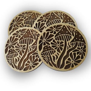 Wooden Mushroom Coaster Set Natural Birch Wood Collection Rustic Home Decor Accent Piece Boho Style Table Protection Floral Design Pattern Farmhouse Wedding Gift Perfect Housewarming Present Handcrafted Decorative Accent Beautiful Nature