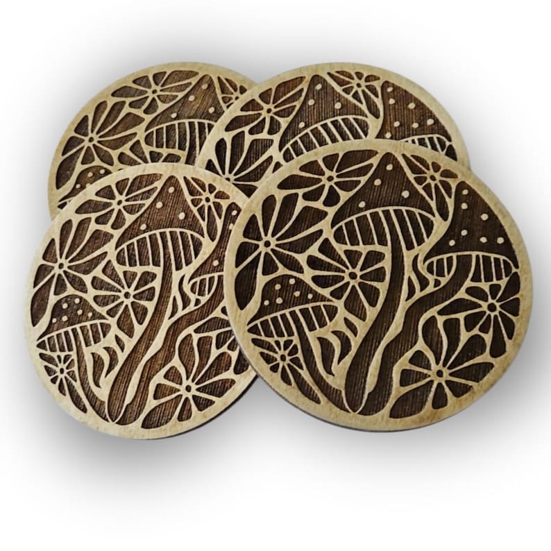 Wooden Mushroom Coaster Set Natural Birch Wood Collection Rustic Home Decor Accent Piece Boho Style Table Protection Floral Design Pattern Farmhouse Wedding Gift Perfect Housewarming Present Handcrafted Decorative Accent Beautiful Nature
