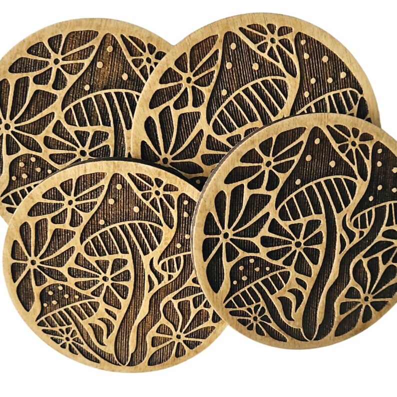 Wooden Mushroom Coaster Set Natural Birch Wood Collection Rustic Home Decor Accent Piece Boho Style Table Protection Floral Design Pattern Farmhouse Wedding Gift Perfect Housewarming Present Handcrafted Decorative Accent Beautiful Nature