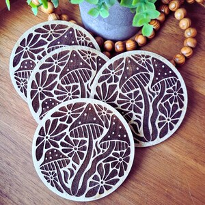 Wooden Mushroom Coaster Set Natural Birch Wood Collection Rustic Home Decor Accent Piece Boho Style Table Protection Floral Design Pattern Farmhouse Wedding Gift Perfect Housewarming Present Handcrafted Decorative Accent Beautiful Nature