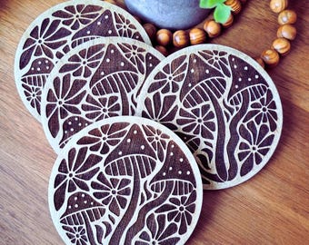 Wooden Mushroom Coaster 4pc Set Gift for House Rustic Decor Farm Accent Natural Birch Floral Design Table Set Boho Style Home Accent Wedding