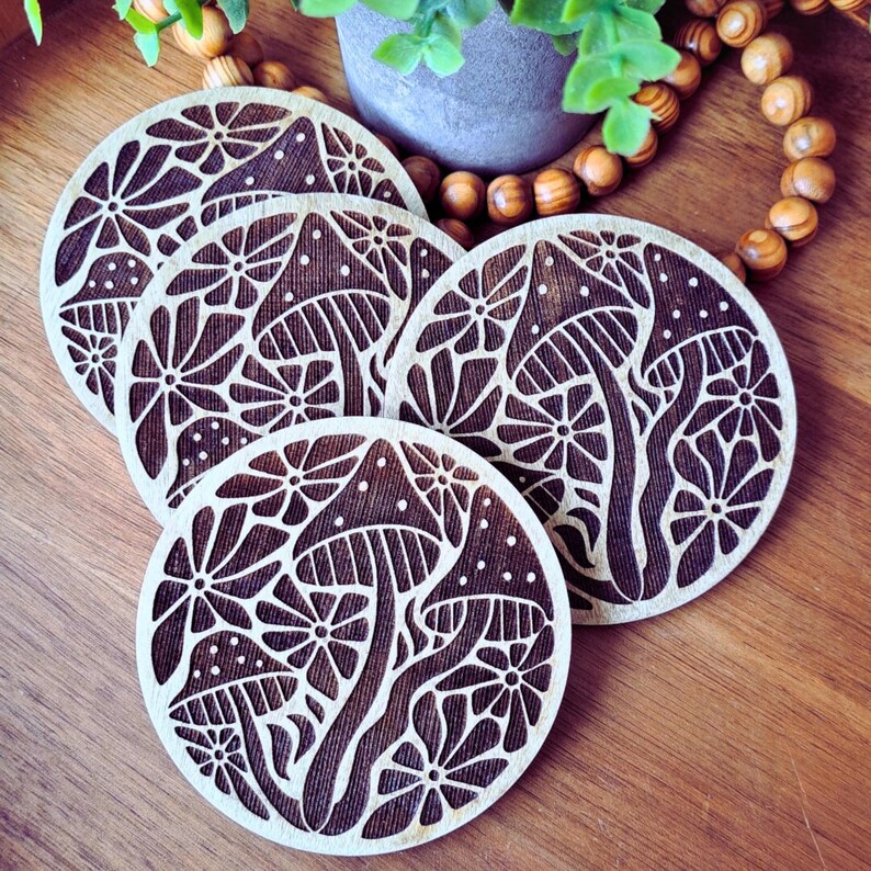 Wooden Mushroom Coaster Set Natural Birch Wood Collection Rustic Home Decor Accent Piece Boho Style Table Protection Floral Design Pattern Farmhouse Wedding Gift Perfect Housewarming Present Handcrafted Decorative Accent Beautiful Nature
