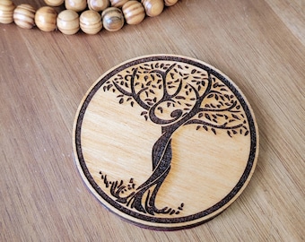 4 Pc Set - Tree of Life Wood Coasters Lady Silhouette - Housewarming Gift - Nature Theme