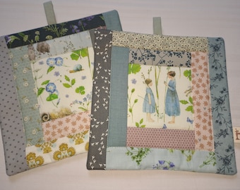 Beautiful pot holders, magically delicate powdery spring fabrics are used here - 19 x 19 cm in size. Nice and handy. I love them