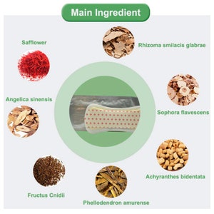May include: A close-up of a herbal patch with a white background and a green border. The patch is surrounded by eight different herbs, each labeled with its name in black text. The herbs are: Safflower, Rhizoma smilacis glabrae, Angelica sinensis, Sophora flavescens, Achyranthes bidentata, Fructus Cnidii, Phellodendron amurense.