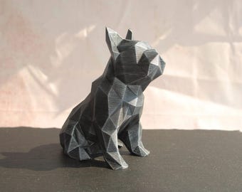 Figura de Bulldog Francés Low Poly, Escultura de Bulldog Inglés, Bulldog Francés | Impresa en 3D y pintada a mano | Regalo de Navidad