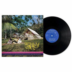 May include: A vinyl record and its square cardboard cover featuring a photograph of three people sitting on grass in front of a wooden cabin. The cover displays the text Conjunto Caney and a tracklist in yellow and white against a pink bar.