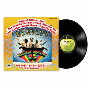 May include: A vinyl record and its square cardboard sleeve for The Beatles' Magical Mystery Tour. The yellow cover features a colourful star-filled sky, four figures in animal costumes, and the text listing song titles like Hello Goodbye.