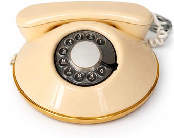 Vintage Rotary Telephone Cream Ivory Gold Trim | Mid Century Desk Phone | Retro Landline Phone | ITT Telecom | 1970s Home Decor