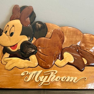 Minnie Mouse Intarsia Wood Wall Sign – Handmade Disney Kids Room / Nursery “My Room” Plaque, Personalized Gift-Ready Décor