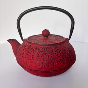 Red Cast Iron Teapot - Flower Design - Vintage