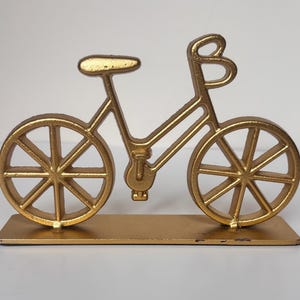 Gold Metal Bike Sculpture – Vintage Desk Decor – Bicycle Statue – Cyclist Gift – Industrial Office Ornament – Minimalist Shelf Art