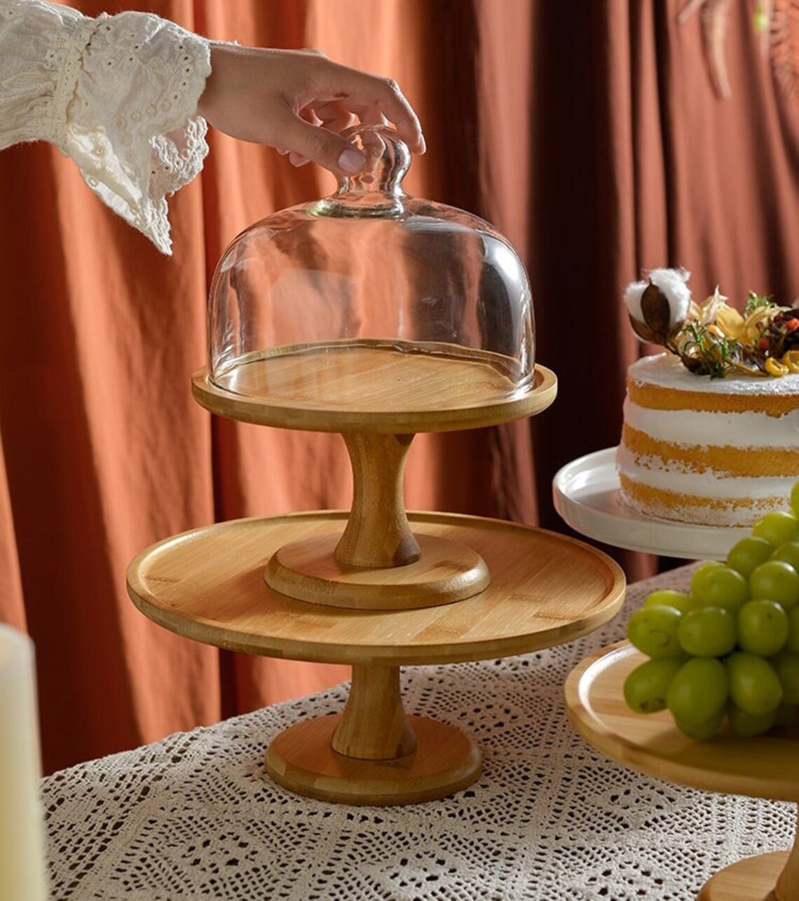 Wooden Cake Display Tray With Glass Cover High Cake Stand Etsy