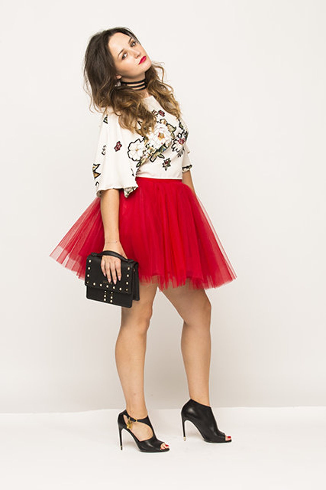 red tulle mini skirt