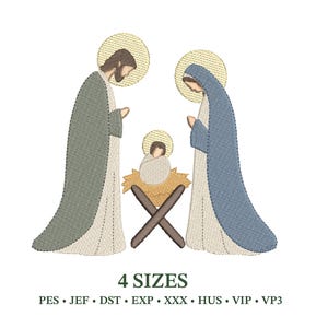 May include: An embroidered image of the Holy Family: Mary, Joseph, and baby Jesus in a manger. The figures are depicted in soft colors with gold halos. The text "4 SIZES" is below the image, followed by file type abbreviations.