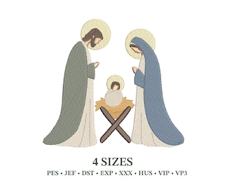 May include: An embroidered image of the Holy Family: Mary, Joseph, and baby Jesus in a manger. The figures are depicted in soft colors with gold halos. The text "4 SIZES" is below the image, followed by file type abbreviations.