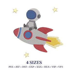 May include: Embroidered design of an astronaut riding a gray rocket ship with red fins and a blue circle. The astronaut wears a gray spacesuit and helmet. Yellow stars are scattered around the rocket. The text "4 SIZES" is below the image.