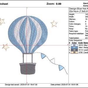 hot air balloon boys embroidery design, striped blue balloon for cute nursery machine embroidery projects