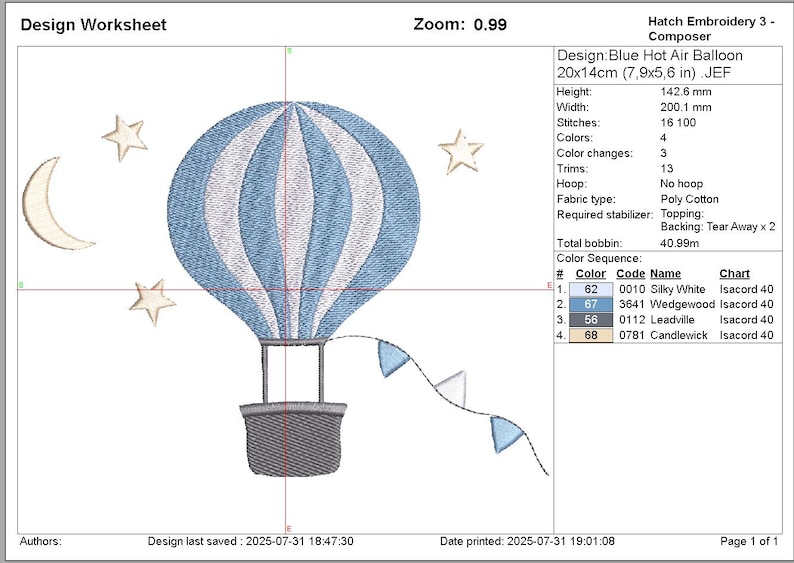 hot air balloon boys embroidery design, striped blue balloon for cute nursery machine embroidery projects