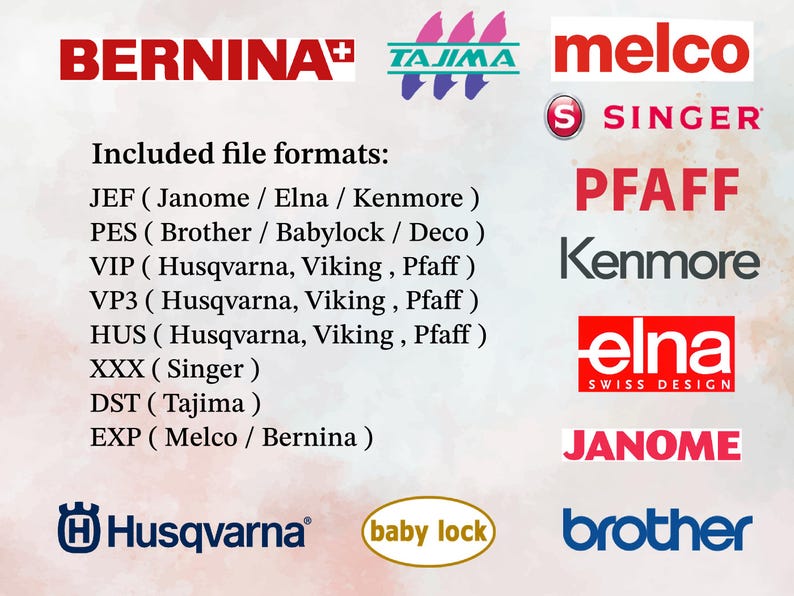 Embroidery machine file  formats PES, JEF, VIP, VP3, HUS, XXX, DST, EXP - for Brother, Janome and other embroidery machines