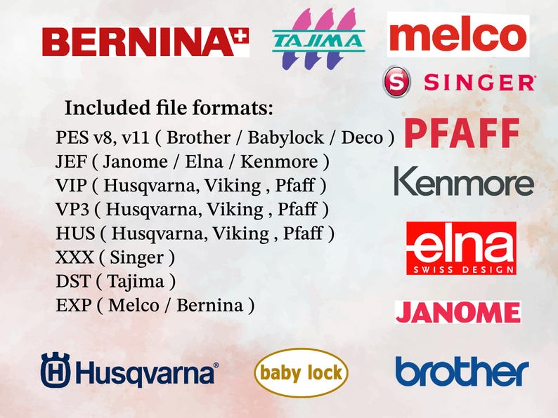 Embroidery machine file  formats PES, JEF, VIP, VP3, HUS, XXX, DST, EXP - for Brother, Janome and other embroidery machines