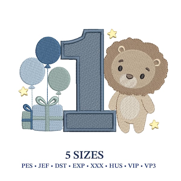 Number 1, Lion First Birthday Boy Embroidery Design for Toddler , Baby Celebration (Digital File Download)