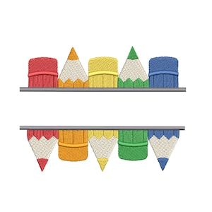 May include: An embroidered design featuring colorful pencils. The top row displays five pencils in red, orange, yellow, green, and blue. The bottom row shows the pencil tips in the same colors. The design is on a white background.