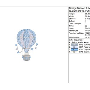 hot air balloon embroidery pattern file for machine embroidery , featuring two toned hot air balloon with pennants