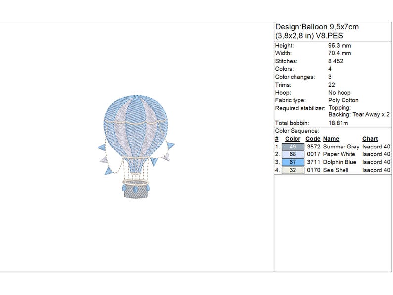 hot air balloon embroidery pattern file for machine embroidery , featuring two toned hot air balloon with pennants