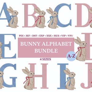 Puede incluir: Un diseño de bordado digital con las letras A a la J, cada una con un conejito. Las letras son azules y rosas, con conejitos con lazos. El texto dice "BUNNY ALPHABET BUNDLE" y "4 SIZES".