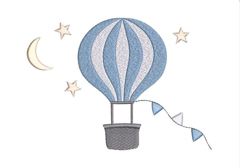 hot air balloon with stars and moon - baby boy girl embroidery design