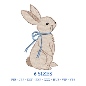 May include: An embroidered design of a seated bunny rabbit in tan with a light blue bow around its neck. The image includes the text "6 SIZES" and file type abbreviations.