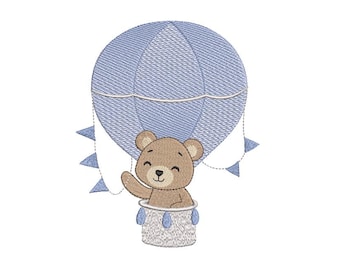 Teddy Bear Hot Air Balloon Embroidery Design for Baby Boy Babyshower, Nursery (PES, JEF..)